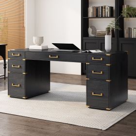 70"Classic and Traditional Executive Desk with Metal Edge Trim ,Writing Desk with 2 file drawers,USB Ports and Outlets,Desk with Hidden Compartment fo (Color: as Pic)
